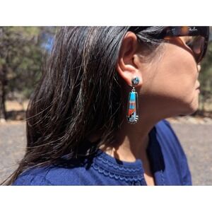 Zuni Multi Stone Inlay Turquoise Drop Earrings Native American Sterling Jewelry*
